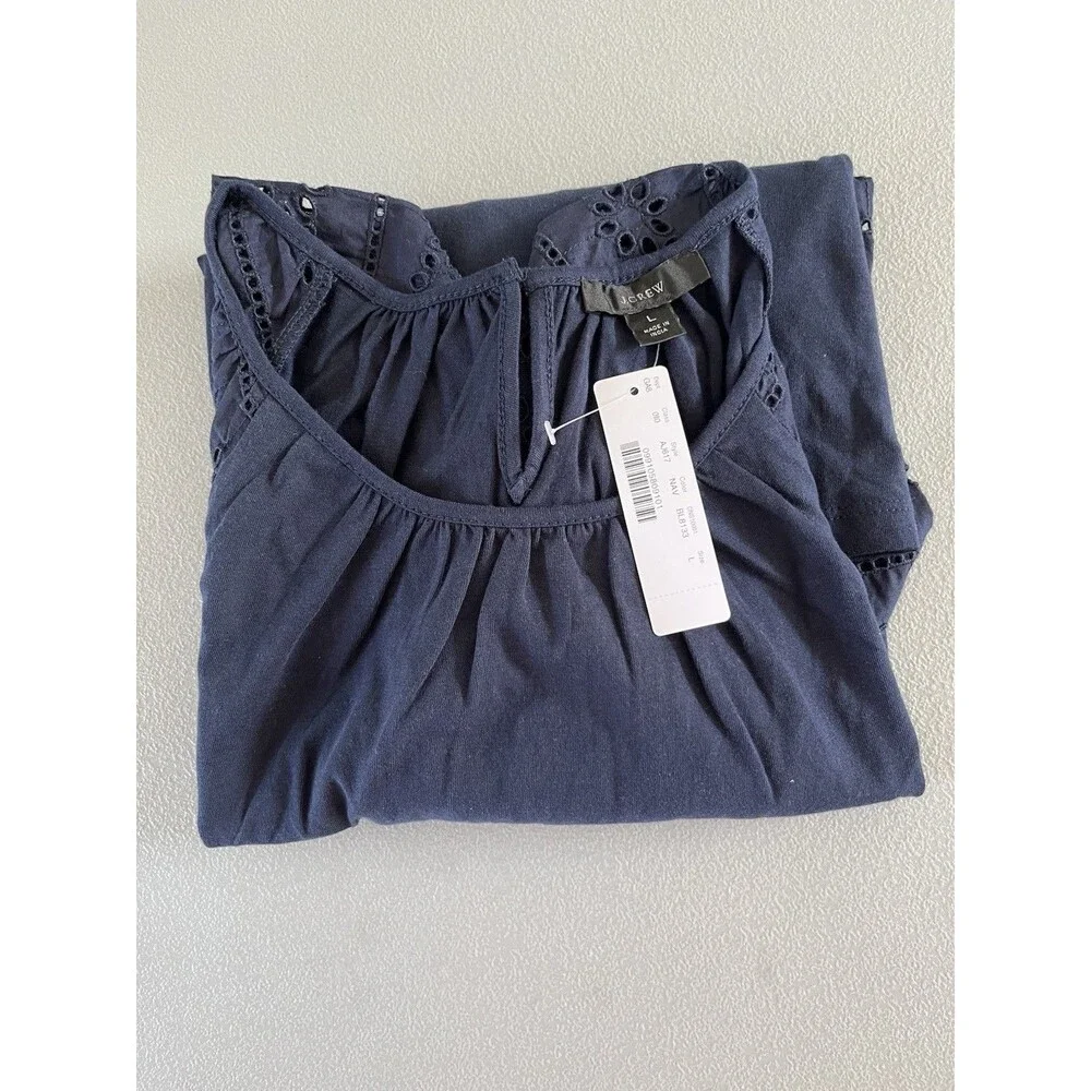 J. Crew Puff Sleeve Womens Top Large Navy Blue Embroidery 100%Cotton Casual NWT